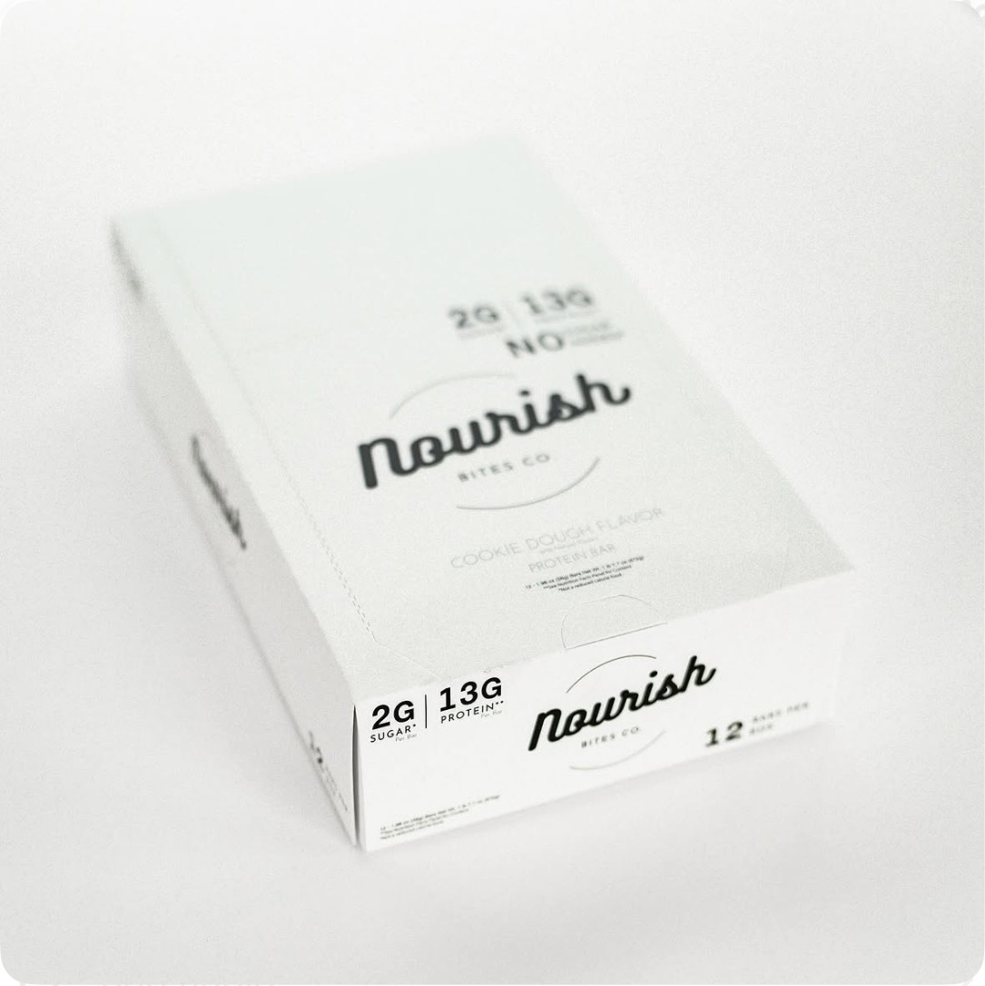 Nourish Bites Co. cookie dough protein bar packaging box