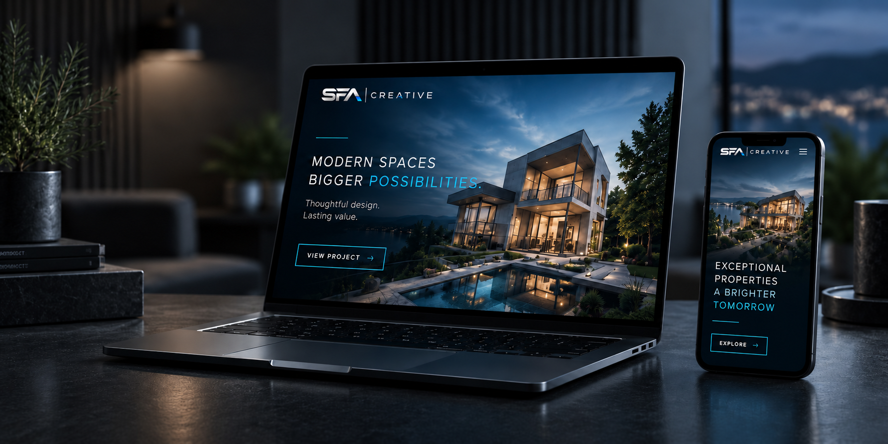 Luxury real estate campaign displayed on a laptop and phone