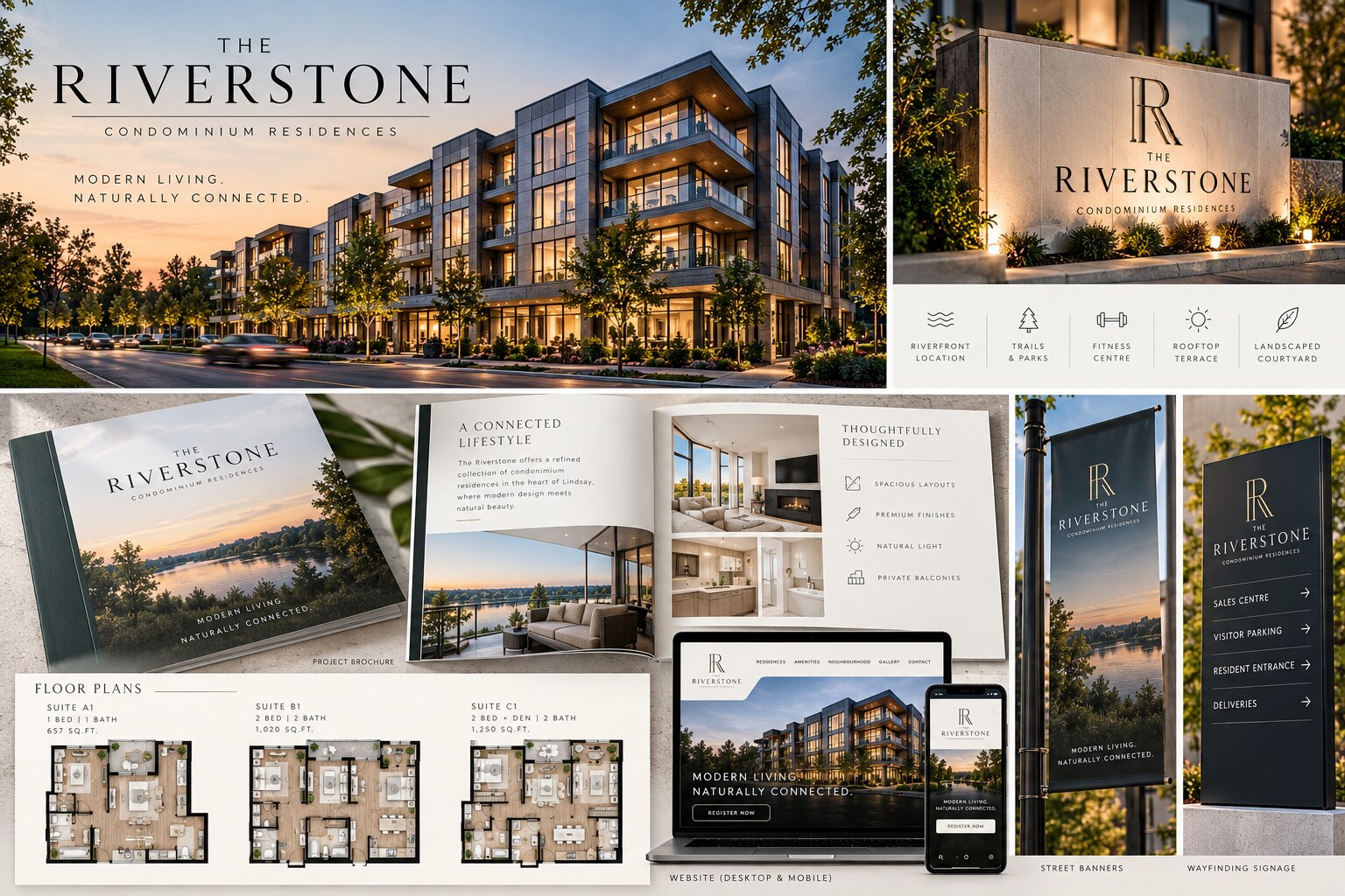 The Riverstone condominium development campaign with project branding, brochure, floor plans, website and signage